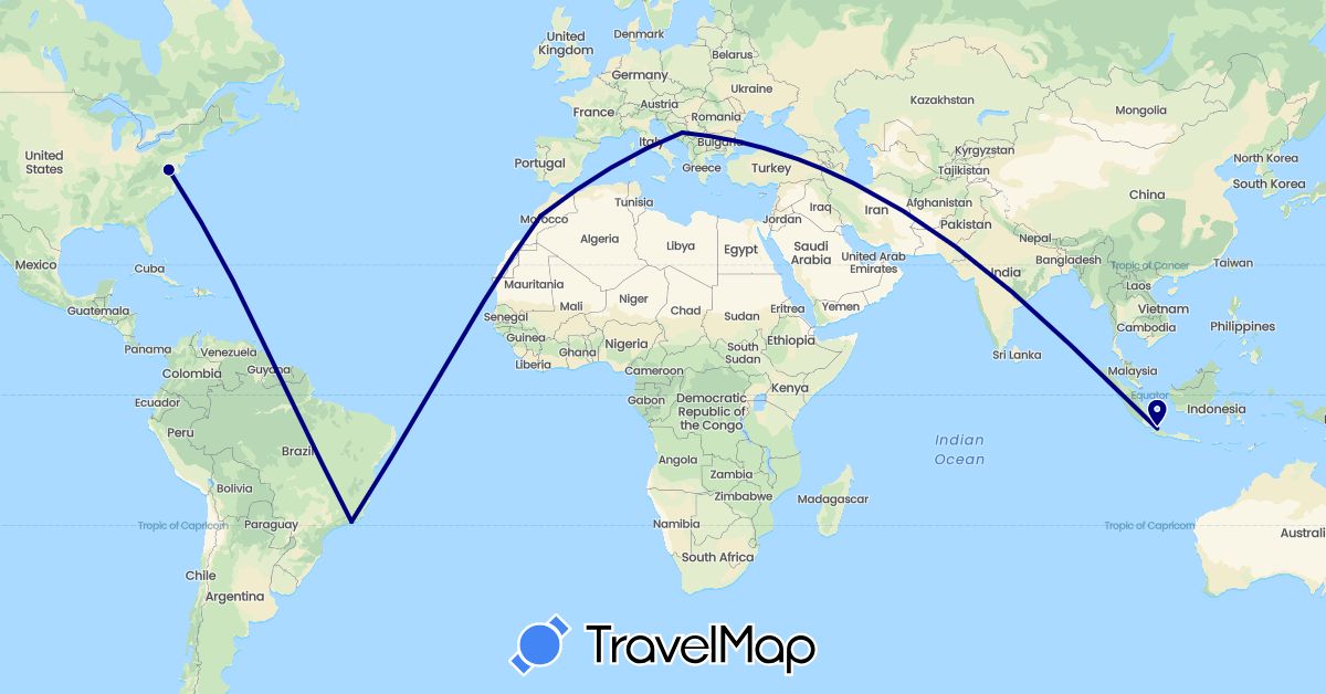 TravelMap itinerary: driving in Bosnia and Herzegovina, Brazil, Indonesia, Morocco, United States (Africa, Asia, Europe, North America, South America)